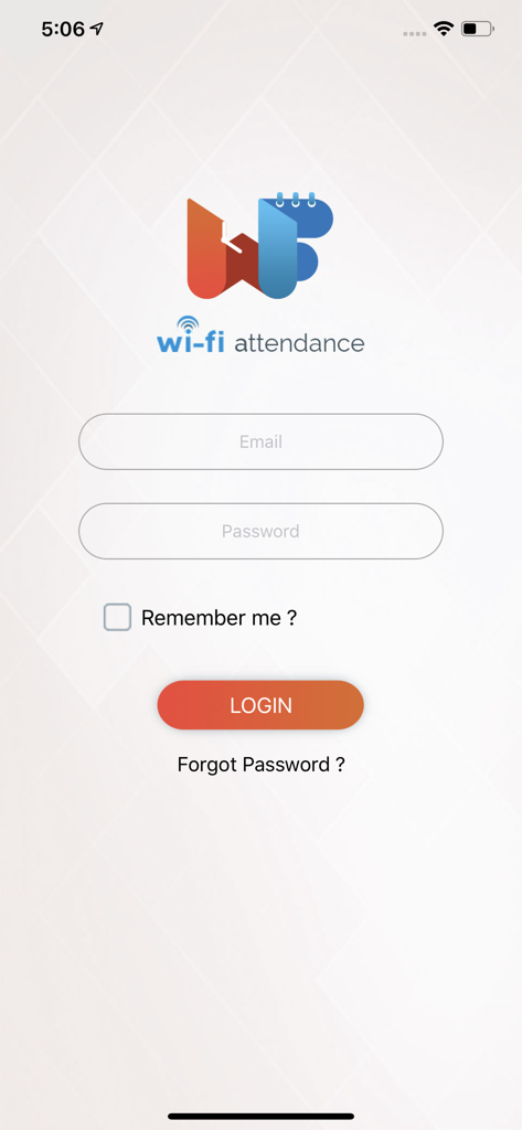 Pantalla de inicio de sesión para la aplicación de gestión de empleados Wi-Fi Attendance