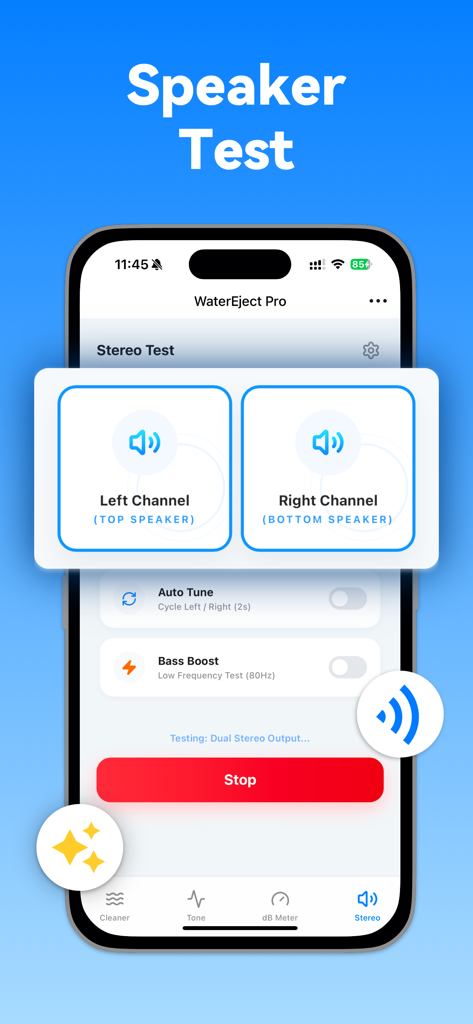 Water Eject ‧ Speaker Cleaner - Smartphone screen displaying a stereo speaker test for checking left and right audio channels with bass boost options.