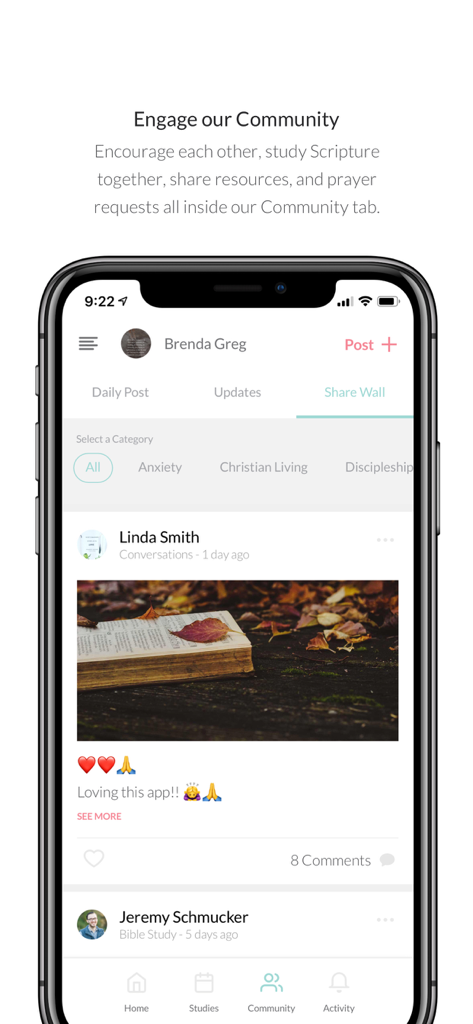 The Daily Grace Co. - A screenshot of the Community tab in The Daily Grace app showing a social feed for women to share prayers and encouragement.
