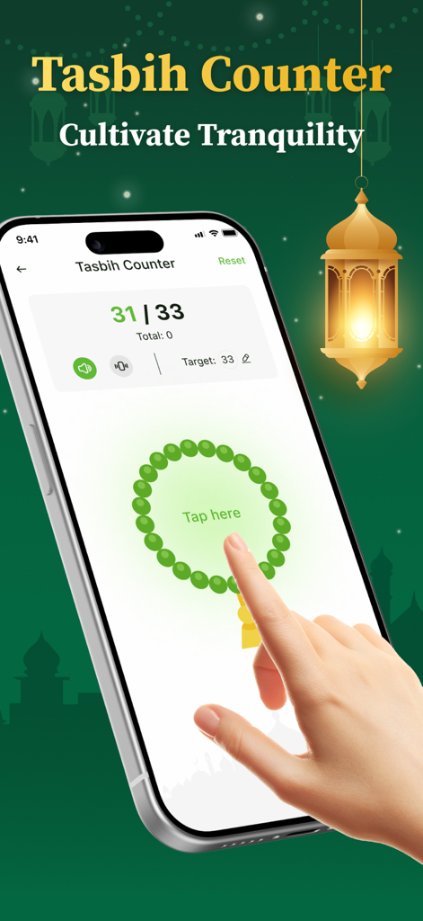 Smartphone displaying a digital Tasbih counter with a circular prayer bead interface and a hand tapping the screen