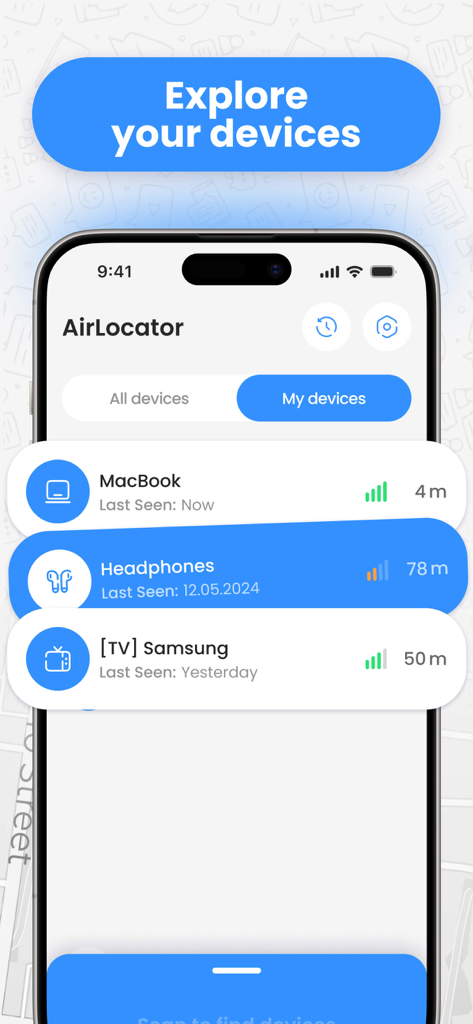 保存されているBluetoothデバイスのリストと、その距離および接続品質が表示されたFind My Podsアプリのインターフェース