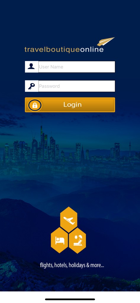 Travel Boutique Online - Login screen of the Travel Boutique Online B2B travel advisor app.