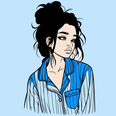 realistic woman with pajamas on and a messy bun
