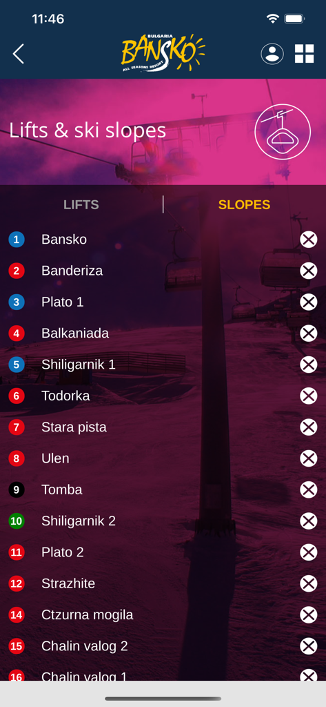 Bansko Ski mobile app interface displaying a list of ski slopes and their current operational status.