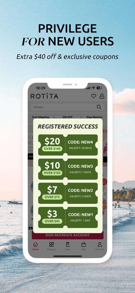 Rotita - Online Shopping - A promotional screen from the Rotita app showing a success message and four exclusive discount coupons for new registered users.