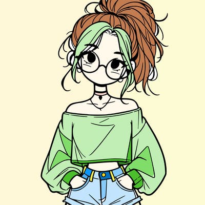 girl with a messy ponytail glasses a baggy crop top and jean shorts