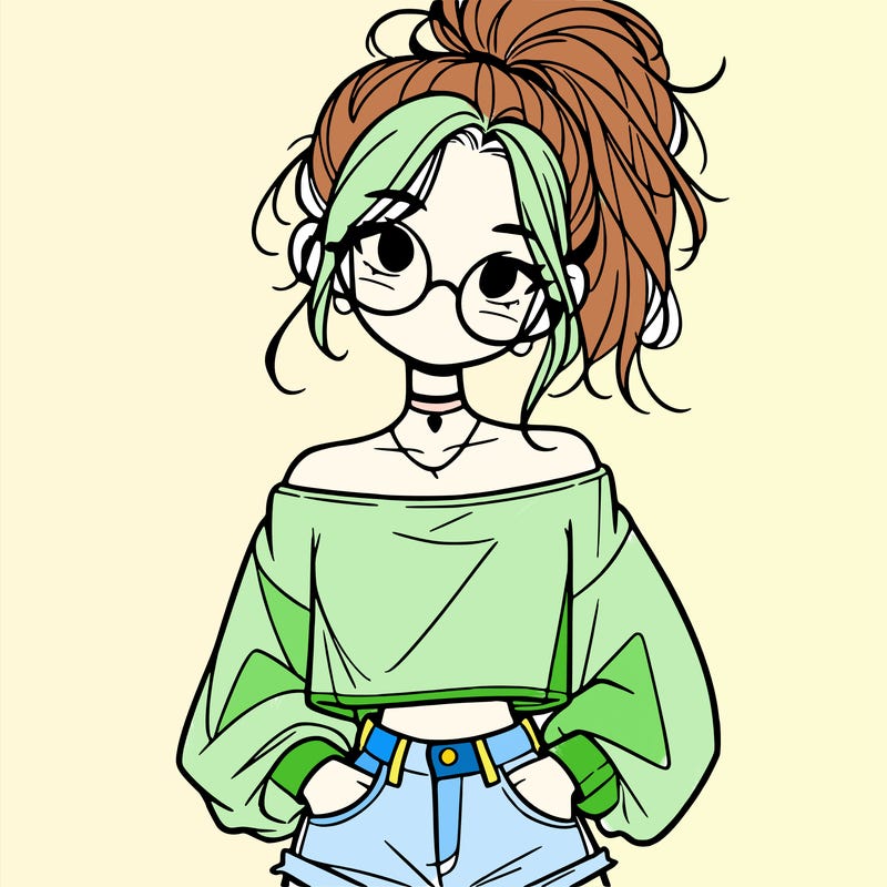 girl with a messy ponytail glasses a baggy crop top and jean shorts