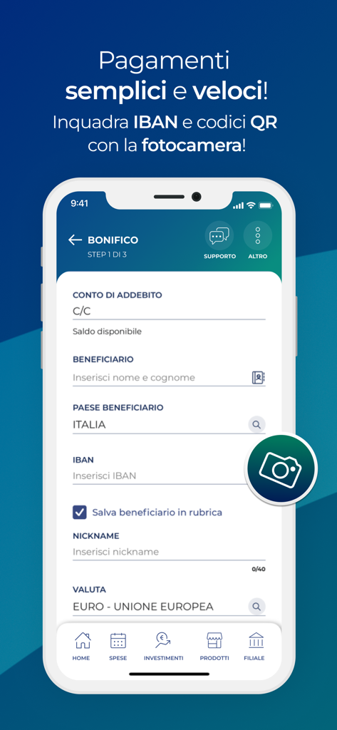 YouApp - Banco BPM - Écran de l'application mobile YouApp Banco BPM affichant un formulaire de virement bancaire avec une icône d'appareil photo pour scanner l'IBAN et les codes QR.