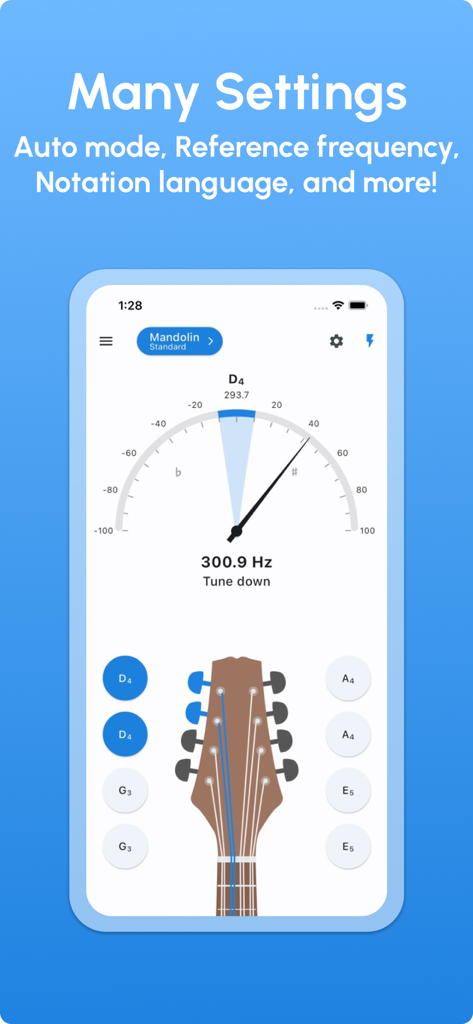 Interface of Mandolin Tuner LikeTones app showing frequency meter and tuning options