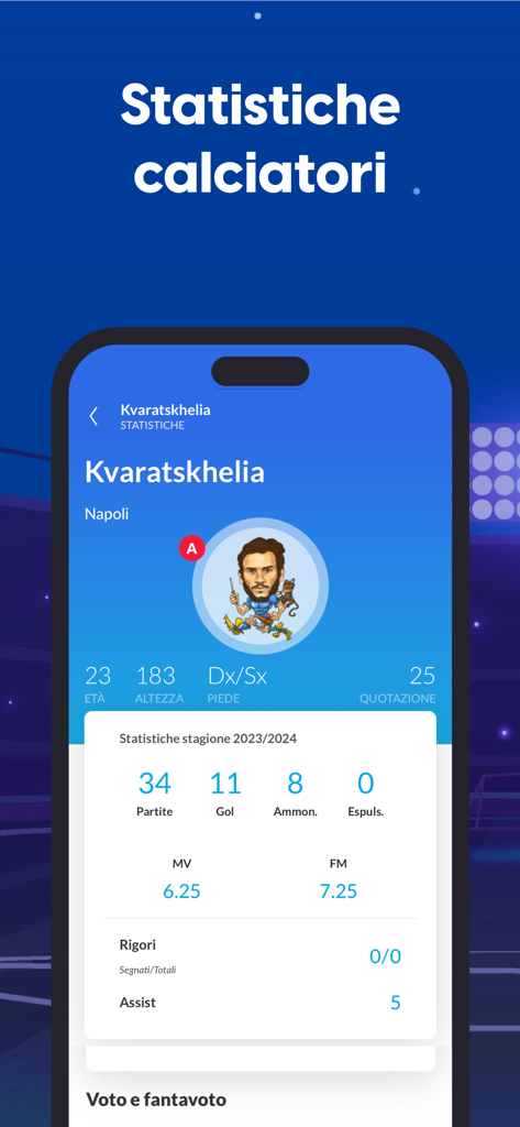 Detailed football player statistics for Kvaratskhelia on the Leghe Fantacalcio mobile app