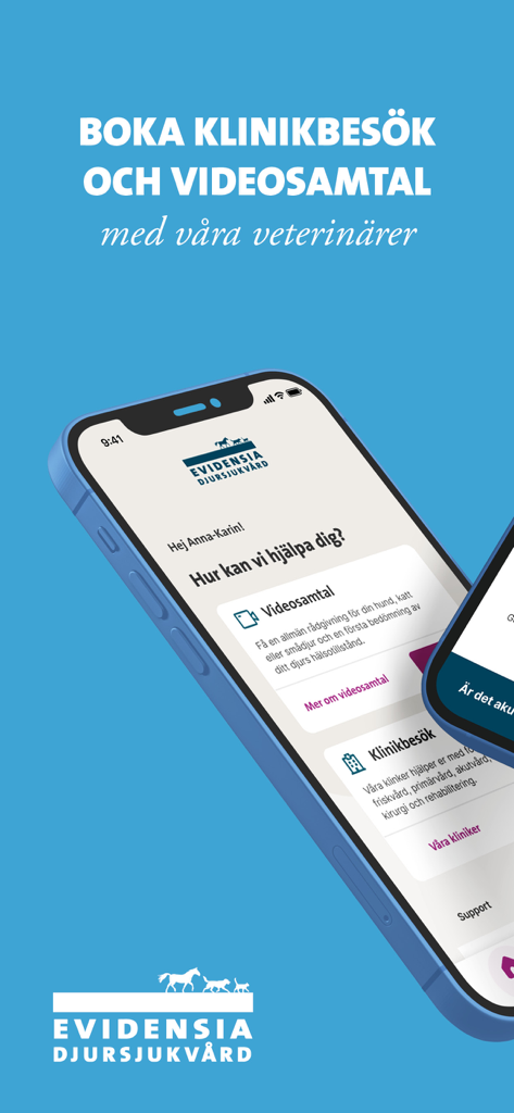 Evidensia: Vet appointments - Interface of Evidensia app showing options for veterinary video calls and clinic visits