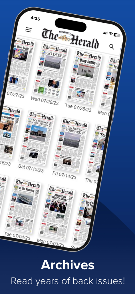 The Brownsville Herald News - Archives screen of The Brownsville Herald News app showing a grid of historical digital newspaper editions sorted by date.