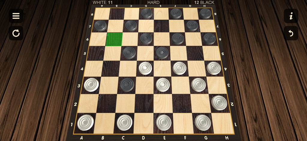 Top down 3D view of a classic checkers game on a realistic wooden board with black and white pieces