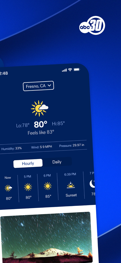 ABC30 Central CA - Interfaz del pronóstico del tiempo para Fresno CA en la aplicación ABC30 Central CA
