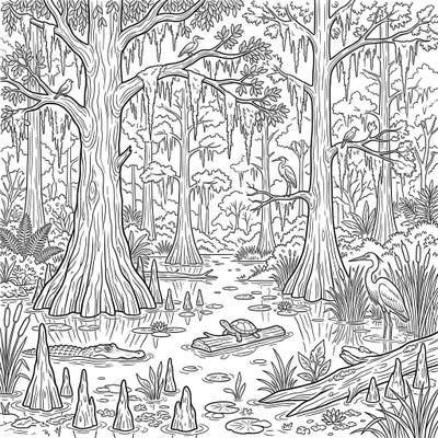Immerse yourself in the tranquil beauty of a detailed cypress swamp. This captivating coloring page brings to life the unique ecosystem with its iconic trees, diverse wildlife, and lush wetland plants.