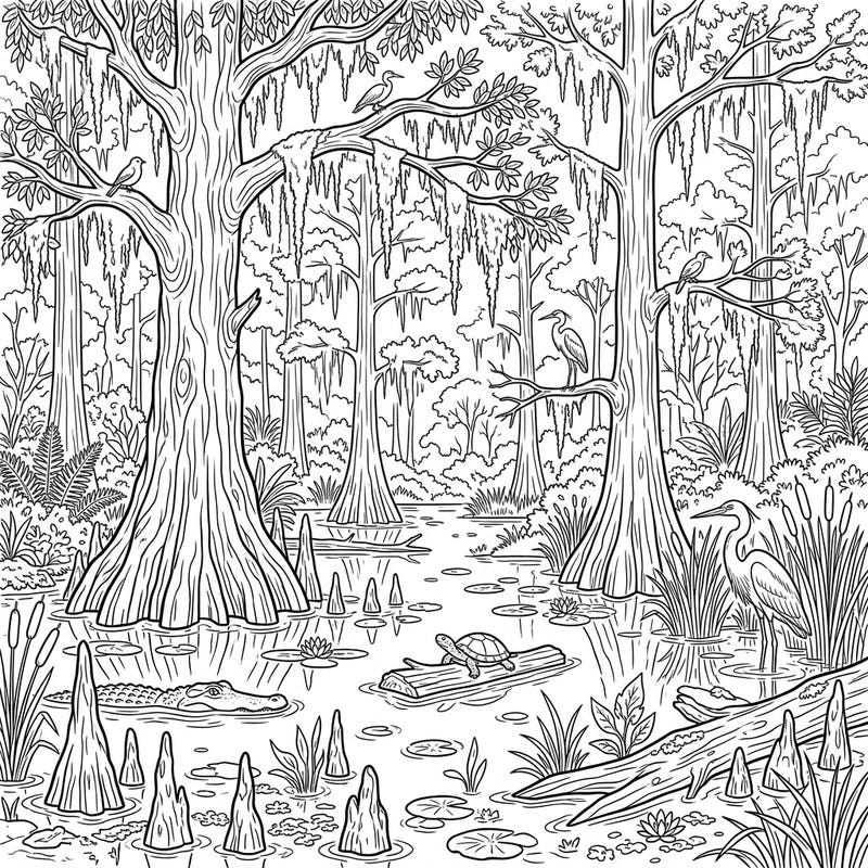 Immerse yourself in the tranquil beauty of a detailed cypress swamp. This captivating coloring page brings to life the unique ecosystem with its iconic trees, diverse wildlife, and lush wetland plants.