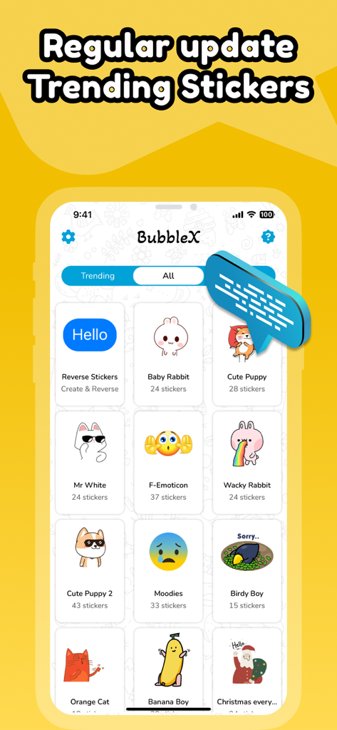 BubbleX - iMessage Sticker App - Interface of the BubbleX app showing a selection of trending sticker packs for iMessage.
