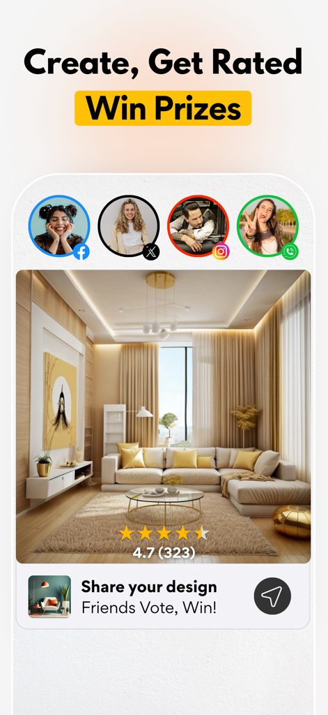 AI Home Design: Interior ARCAI - Compartilhamento social e recurso de avaliação comunitária no aplicativo de design de casas Arc AI mostrando um render de interior avaliado e perfis de usuários.