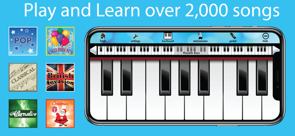 Piano with Songs - Uno smartphone che visualizza una tastiera di pianoforte digitale e categorie musicali come pop e classica