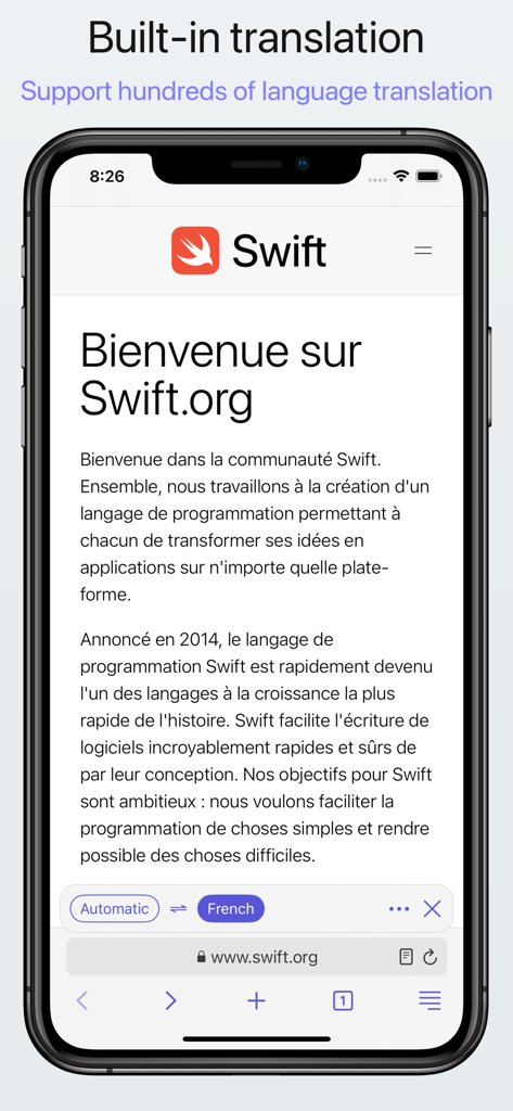 Teak Browser: User Script - Teak Browser exibindo o recurso de tradução de páginas da web integrado