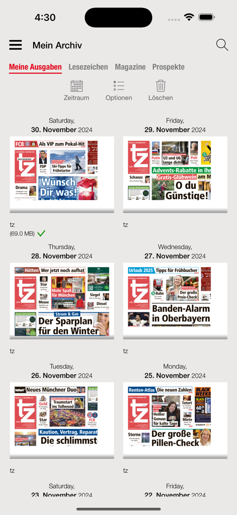 Digital archive screen of the tz ePaper app showing multiple newspaper editions