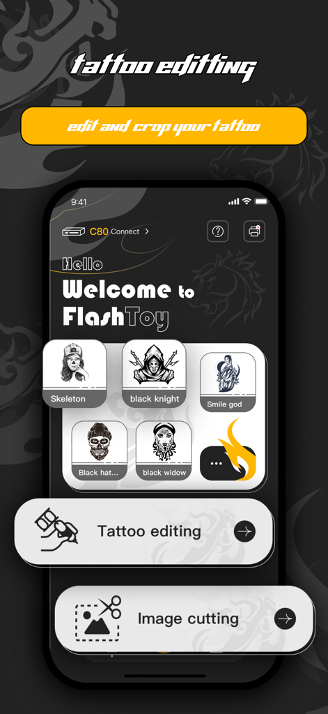 Pantalla de inicio de la aplicación FlashToy que muestra plantillas de diseño de tatuajes y herramientas de edición
