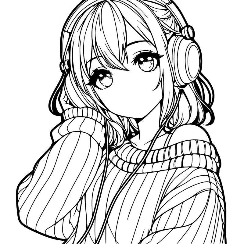 realistic anime girl with sweater and headphones