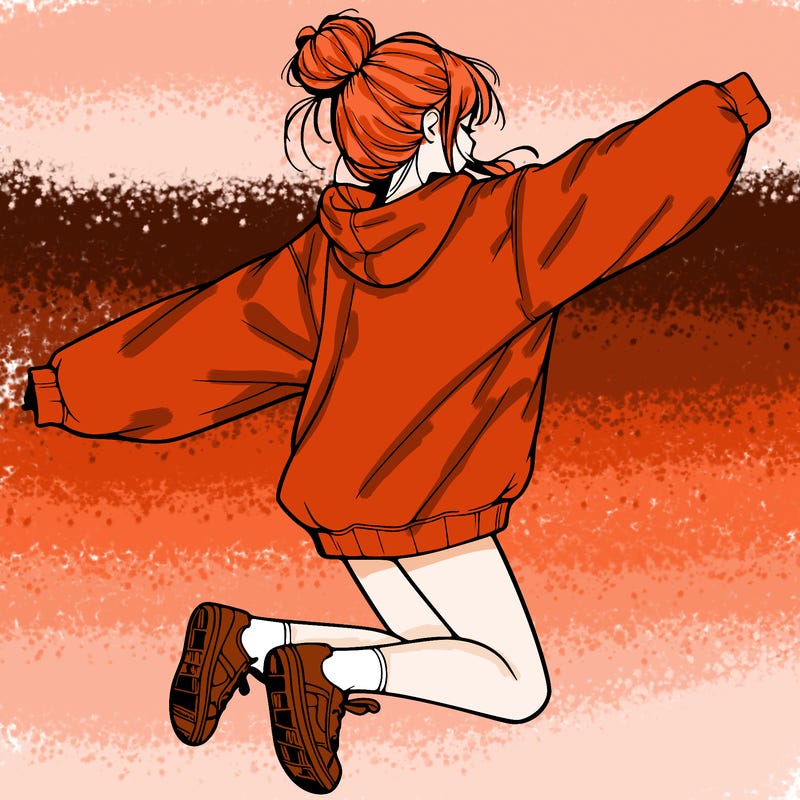 realistic girl jumping with a bun and oversized sweatshirt