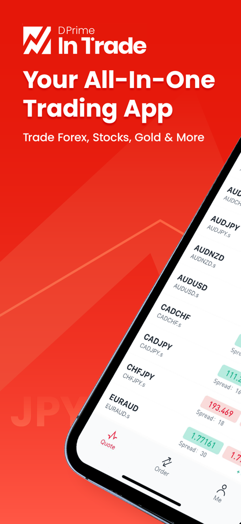 D Prime: Online Forex Trading - D Prime InTrade mobile app interface showing live forex quotes and currency pairs