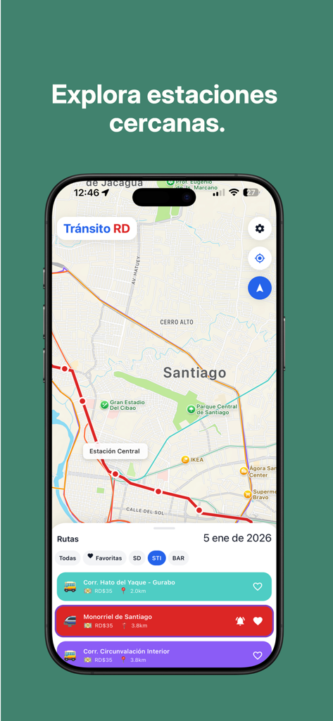 Mapa de Santiago en la aplicación Transito RD que muestra rutas y paradas de transporte público cercanas