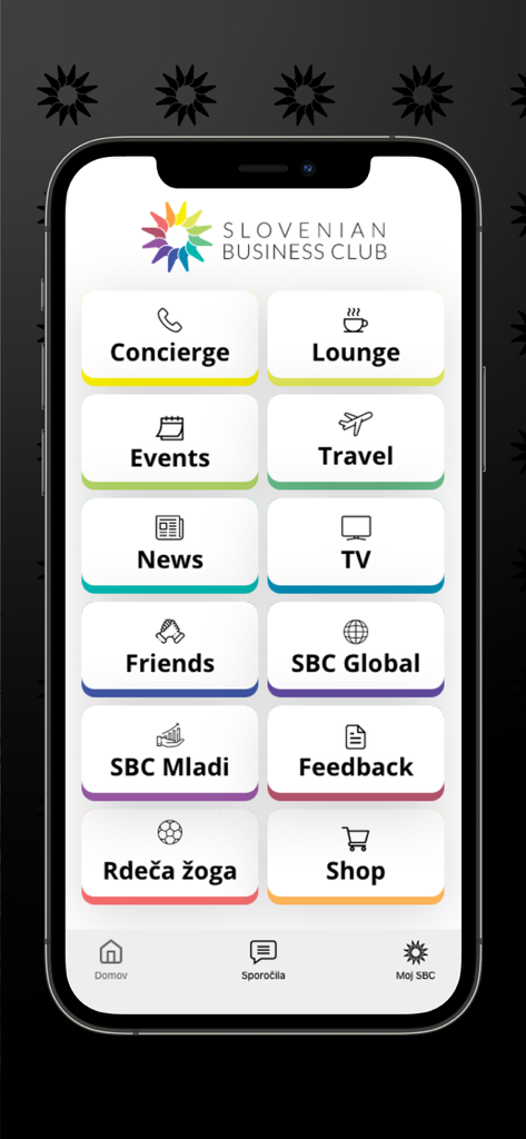 SBCA - Pantalla principal de la aplicación SBCA que muestra una cuadrícula de servicios para miembros que incluye Conserjería, Eventos y Viajes.