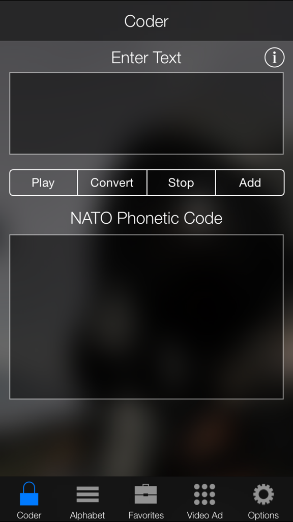 NATOフォネティックコードテキストコンバーターのインターフェース。メッセージの再生と変換オプションがあります。