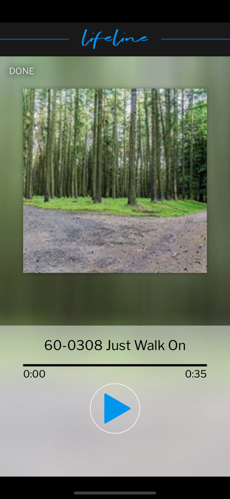 Audioplayer-Oberfläche in der VGR Lifeline-App, die einen kurzen Predigtausschnitt mit dem Titel „Just Walk On“ (Gehen Sie einfach weiter) abspielt.