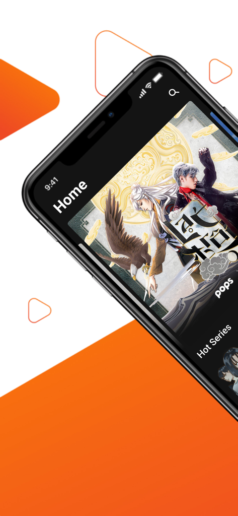 Smartphone displaying the POPS comic app home screen with a featured fantasy series