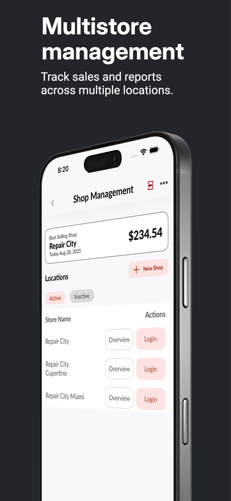 Repair Spots - Repair Spots app interface showing multistore management and sales tracking for multiple repair shop locations.