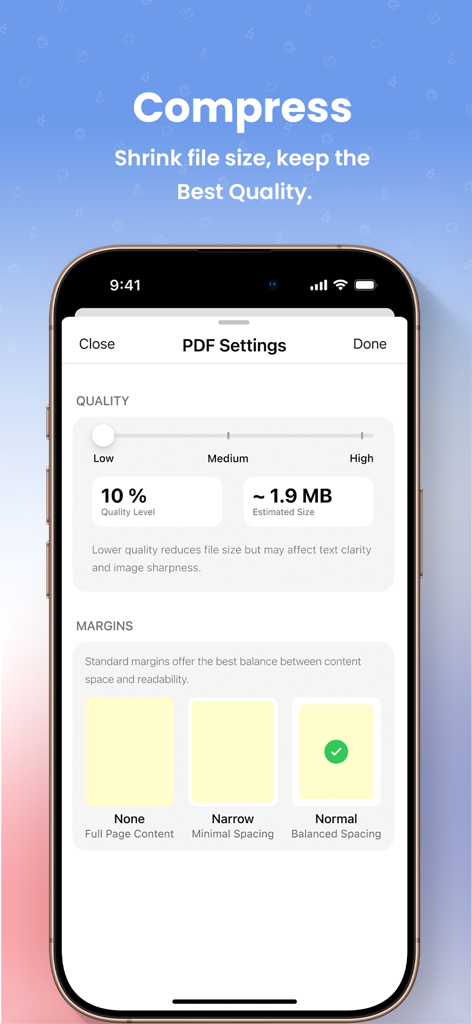 PDF Converter: Photo to PDFs - Mobile interface for compressing PDF file size with adjustable quality and margin settings