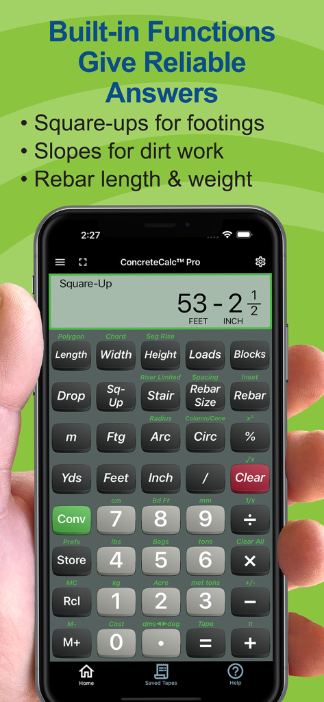 Concrete Calc Pro smartphone app interface showing construction and masonry calculation functions