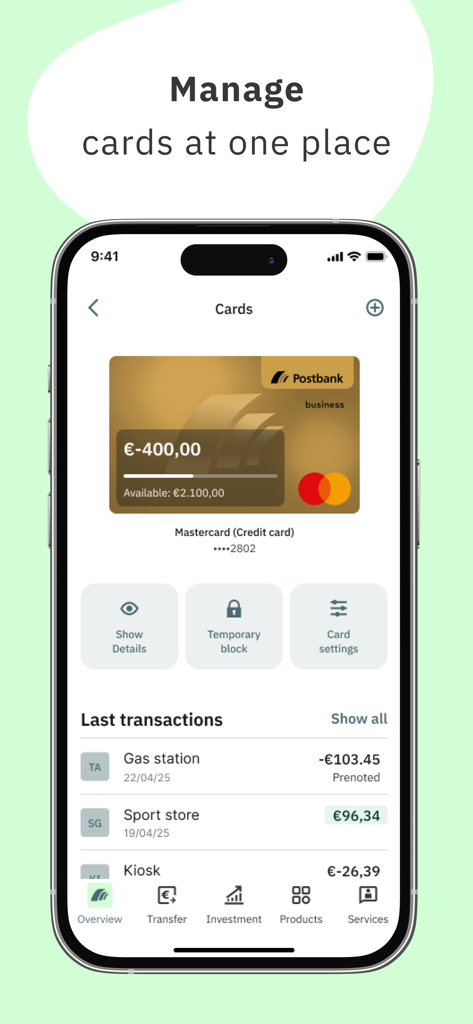 Interfaccia dell'app mobile FYRST che mostra la gestione delle carte aziendali e le transazioni recenti.