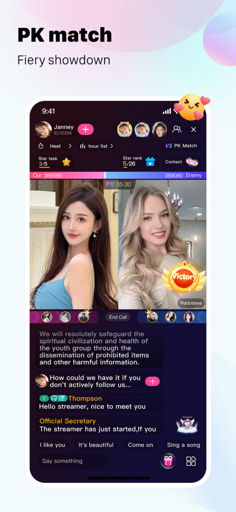 POYO - Live stream,Go Live - POYO app interface showing a live PK match battle between two female anchors with chat and victory status.