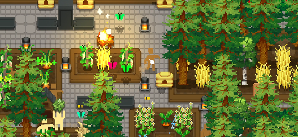 Tiny Terraces - Gameplay in pixel art che mostra un accogliente terrazzo con raccolti, alberi e piccoli lavoratori.