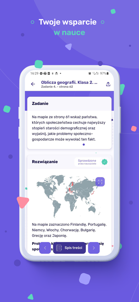 SKUL - SKULアプリでの、世界地図を含む教師が検証した地理の宿題ソリューションが表示されている携帯電話の画面