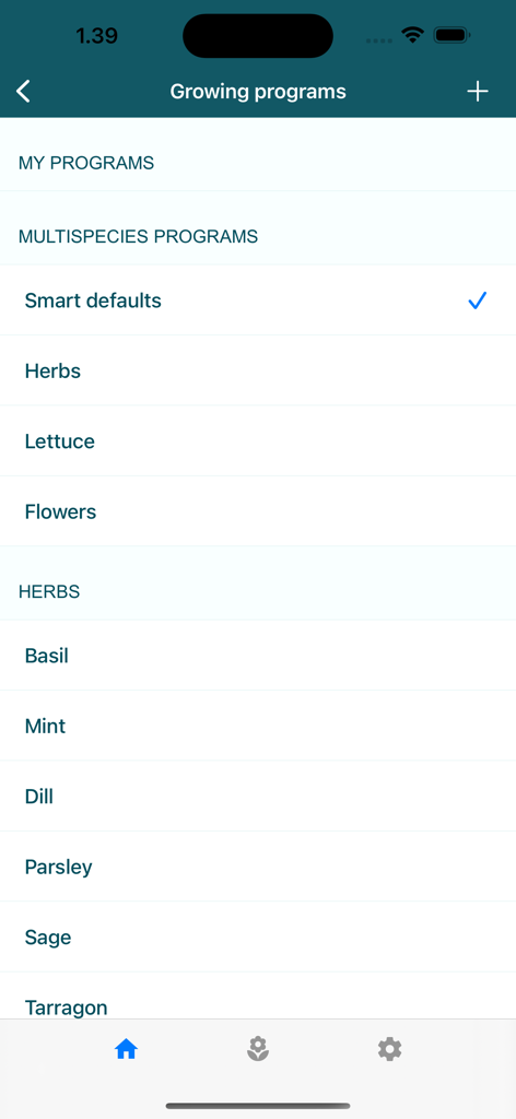 Tregren SmartGardener app showing a list of indoor plant growing programs for herbs and vegetables