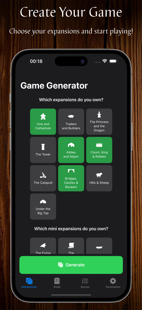Cassonade - Cassonade app interface showing the selection screen for Carcassonne board game expansions