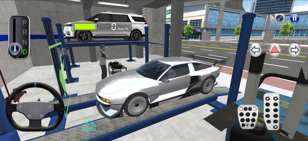 3D Driving Class - Un coche deportivo blanco en un elevador hidráulico dentro de un garaje con controles de conducción mostrados en pantalla.