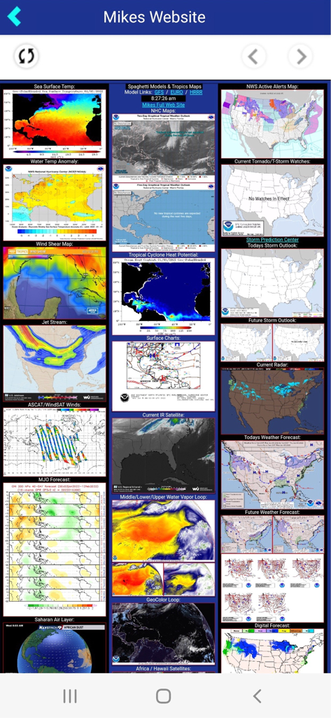 Comprehensive dashboard of tropical weather maps satellite imagery and spaghetti models on Mikes Weather Page app