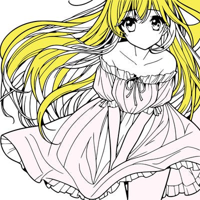 manga girl with long flowing hair and a dress that is pushed down