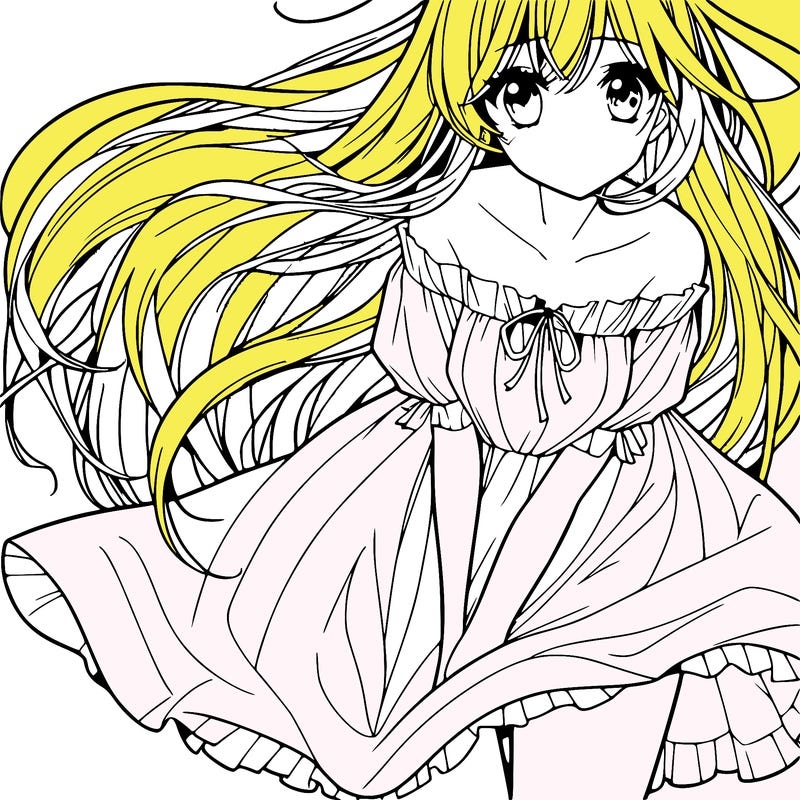 manga girl with long flowing hair and a dress that is pushed down