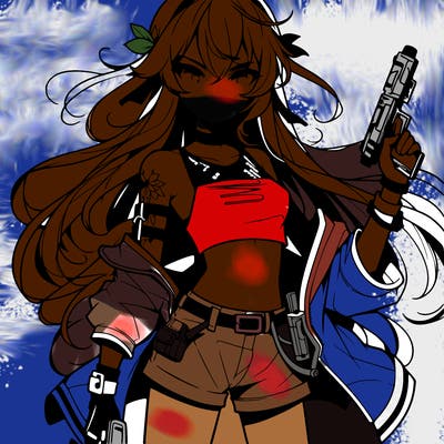 bad girl wearing crop top holding a gun long hair anime