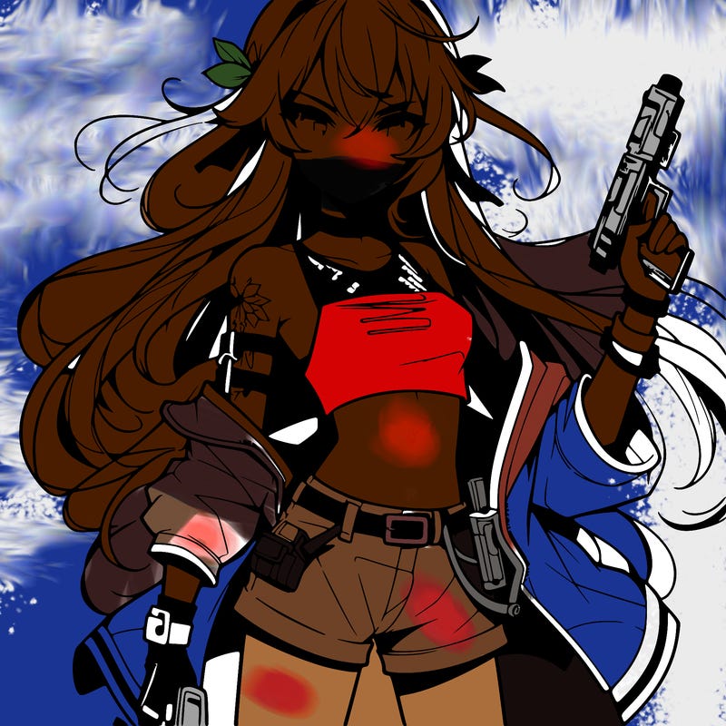 bad girl wearing crop top holding a gun long hair anime