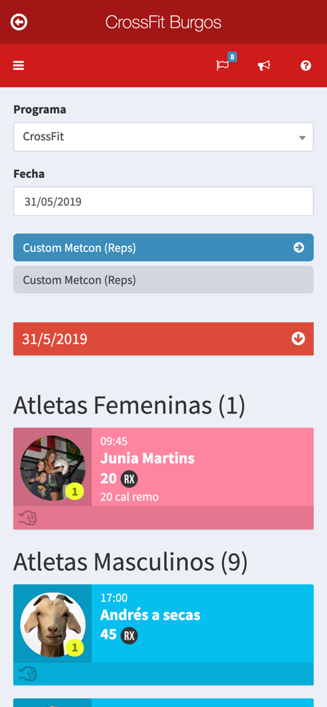 CrossHero - A digital leaderboard in the CrossHero app displaying workout results and athlete rankings for a CrossFit session.